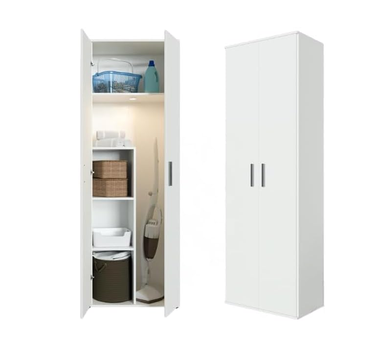 BDW Armadio Multiuso, Armadio Utility con 2 ante, 60 x 33 x 176 cm, 4 ripiani, per ripostiglio e garage (bianco)