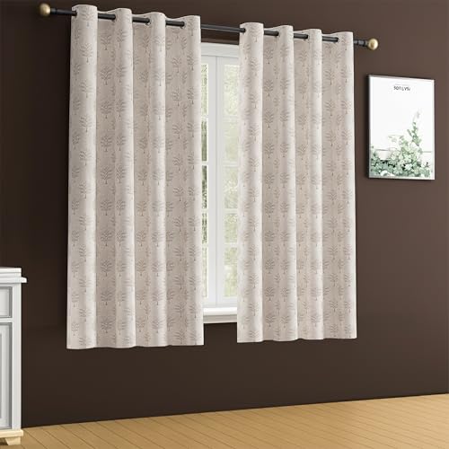Image of Yellow Weaves 2 Pcs Jacquard Tree Eyelet Window Curtain - Perfect for Home, Office, Bedroom, Living Room & Balcony - 5 Feet (Beige)