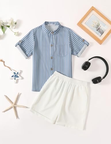 Image of Arshiner Boy's 2 Piece Beach Outfit Short Sleeve Textured Button Down Shirt and Short Sets Summer Vacation Wear 4-12 Years
