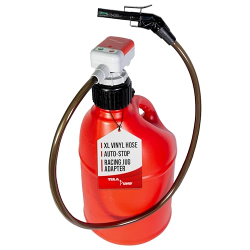 TERA PUMP TRFA01-XL 2nd Gen. Battery Powered Overfill Protection Fuel Transfer Pump w/Universal Gas Can & Utility Jug Adapter, 4.27ft Vinyl Hose, 2.5 GPM for Gas Diesel E15 E85 Fuels