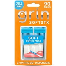 GRIN Softstx, Gentle Dental Picks, 90 Count, Soft Flexible Bristles, Textured Plaque Removing Toothpick, Minty Flavor, for Between Teeth, Refillable Hygienic Case, for Braces, Bridges, and Implants