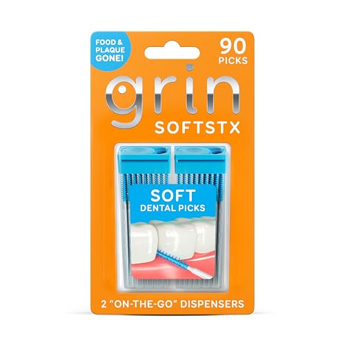grin softstx gentle dental picks 90 count soft flexible bristles textured plaque removing toothpick minty flavor for between teeth refillable hygienic case for braces bridges and implants