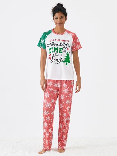 IFFEI Christmas Pajamas for Family Matching Holiday PJ's Sets with Short Sleeve Tee and Pants Loungewear Pet Large Green-red4