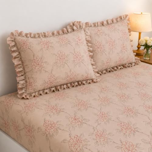 Image of 350 TC Premium Heavy Cotton Feel Elastic Fitted Bedsheet King Size with 2 Frill Pillow Covers King Size || Double Bed with All Around Elastic (Petal Pulse, Queen)
