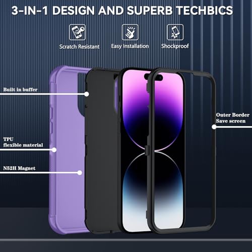 Image of SunStory Compatible with iPhone 14 Pro Max Case with HD Screen Protector, 3-Layer Heavy Duty Full-Body Cover,3 in 1 Hybrid Protective Case for iPhone 14 Pro Max 6.7 inch,Violet