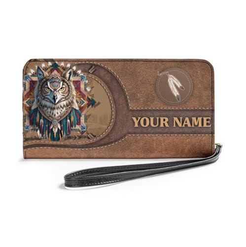 Personalized Native American Women Leather Wallet, Tribal Navajo Feather Zipper Purse, Western Southwestern Long Ladies Travel Clutch Wristlet, Custom Gifts For her Mom Friend (Owl)