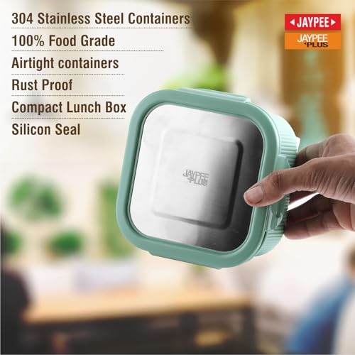 Image of Jaypee Plus Ultima Micro Seal Microwave Safe Air Tight Food Storage Container 800 ml Inner Stainless Steel Rib Design Spillproof Lunch Box for School, Office, Ideal for Snacks and Meal, Green