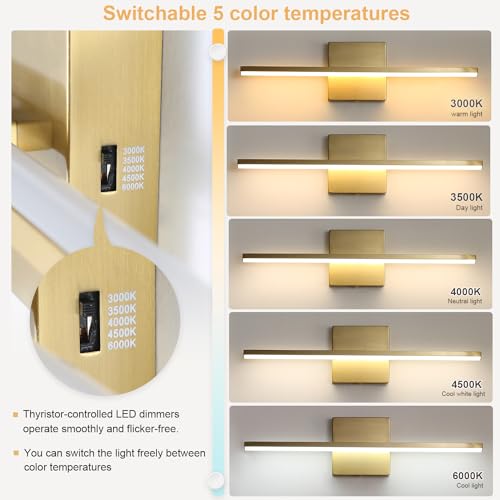 Image of Brushed Gold Vanity Light 16 Inch Modern Bathroom Light Fixtures 14W Wall Vanity Lamp Over Mirror, Dimmable 5CCT LED Wall Sconce for Bedroom Cabinets UL Certificated