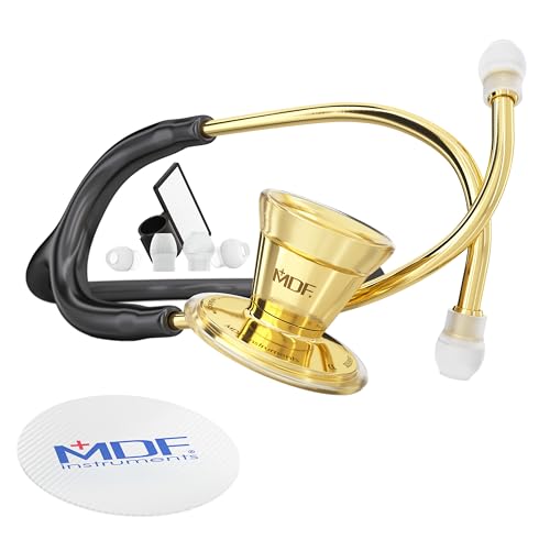 Image of MDF Instruments, ProCardial Cardiology Stethoscope, Stainless Steel, Adult, Dual Head, Black Tube, Gold Chestpiece-Headset, MDF797K11