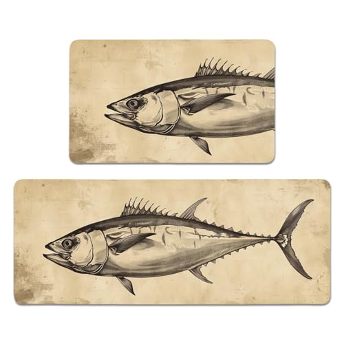 YWMAN Tuna Fish Kitchen Rugs Set of 2, Washable Non-Slip Linen Floor...