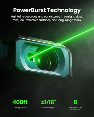 mileseey s50 green-beam laser distance measure - 400ft laser measure p2p side-laser alignment rechargeable 2434 ips backlit display areavolume measurement 8 units indoorampoutdoor