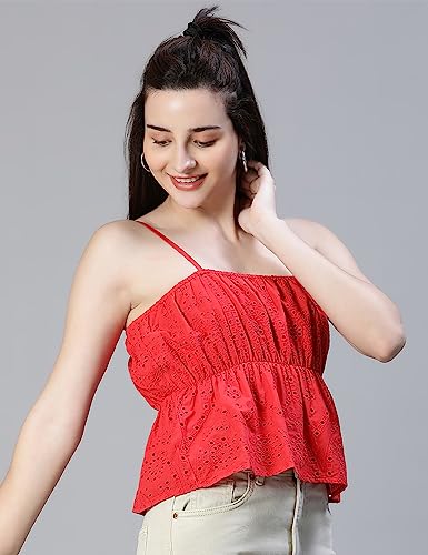 Image of oxolloxo Women Schiffli Elsaticated Shoulder Strap Cotton Top