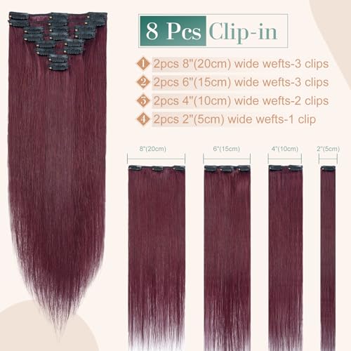 Image of Benehair Wine Red 10 Inch Real Human Hair Clip in Hair Extensions, 8pcs Double Weft, 18 Clips per Set, Straight, Modern Style