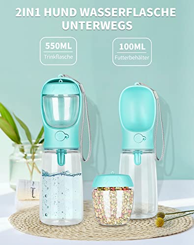 Trinkflasche Hund für Unterwegs 550ml Hundetrinkflasche Unterwegs Wasserflasche Hunde Trinkflasche mit 100ml Hundefutter Becher Hundenapf unterwegs tragbar Wasserflasche Hund Wasserspender Reisenapf
