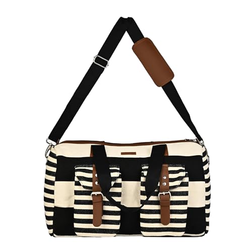 Image of ENSAC Premium 15L Weekender Duffle Bag for Travel for Men and Women Made of Cotton /Jacquard with Cabin Holiday Bag with Non Detachable Shoulder Strap (Black-White)