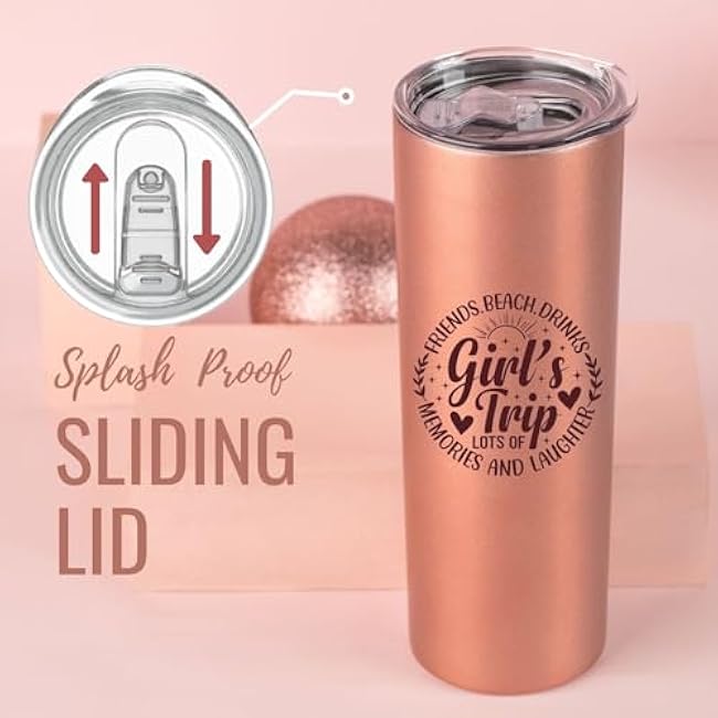 Onebttl Girls Trip Gifts for Women, Friends, Teens, Besties, Her - 20oz/590ml Stainless Steel Insulated Tumbler with Straw, Lid, Rose Gold