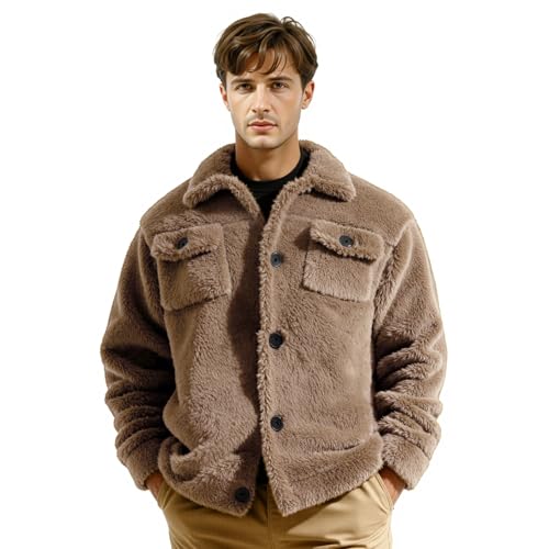 Image of GINGTTO Mens Furry Button-Up Jacket 4 Pockets Fluffy Coat For Men