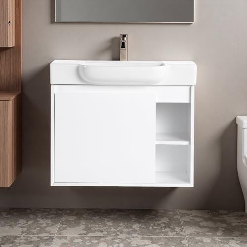 Image of 28 inch Bathroom Vanity with Ceramic Sink, Modern Wall-Mounted Bathroom Vanity with Soft-Close Door & 2 Open Storage Shelves, Farmhouse, Undermount Storage Cabinet, Easy to Clean, Glossy White