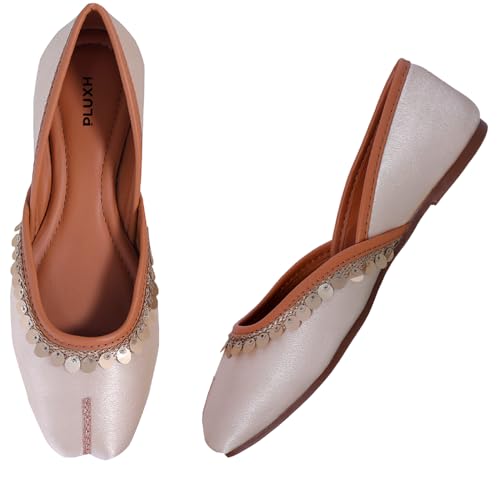 Image of Pluxh Women's Ethnic Jutti Shoes | Shiny Finish Mojari with Sequin Border | Soft Cushioned Slip-On Flats for Casual