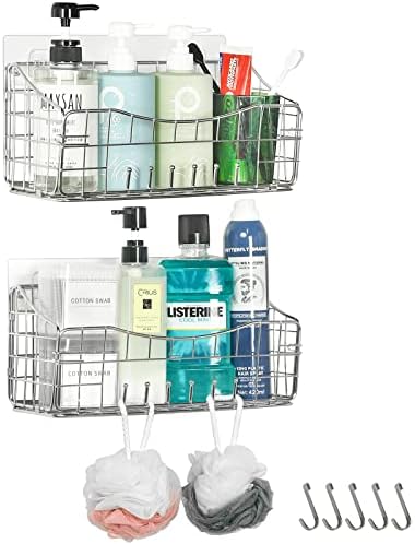 2 Pack Adhesives Shower Caddy No Drilling 304 Stainless Steel Foldable Wall Mount Shelf Basket With Removable Hooks for Hanging Sponge,Shower Organizer Bathroom Shelves