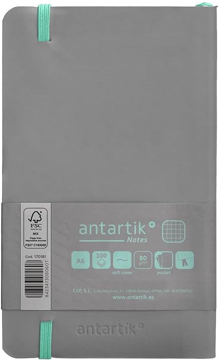 Antartik Notebook with Gummet Notes Soft Cover A6 Grey and Turquoise 100 Sheets 80 GR FSC