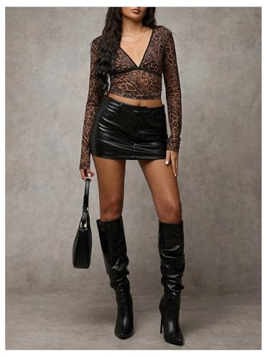 Women's Y2k Leopard Print T Shirt V Neck Long Sleeve Fitted Cheetah Tee Mesh Sheer Crop Tops3