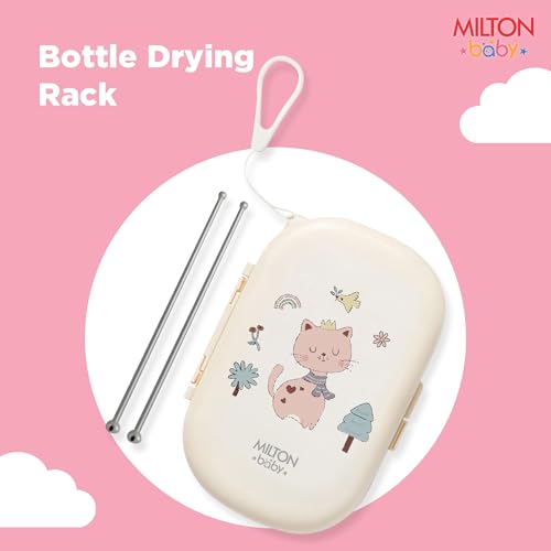 Image of Milton Baby 5-in-1 Travel Bottle Cleaner Kit I Bottle, Nipple & Straw Cleaner I BPA Free - Food Grade Silicone Brush I Compact Soap Dispenser I Drying Rack I Home & Travel Essential, Cat Print, Cream