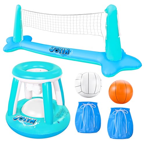 Image of JOYIN XL Inflatable Pool Float Set, 125'' Volleyball Net & Basketball Hoops, Extra Large Floating Swimming Game Toy for Kids and Adults, Summer Floaties, Volleyball Court|Basketball, XL-Blue, Cyan