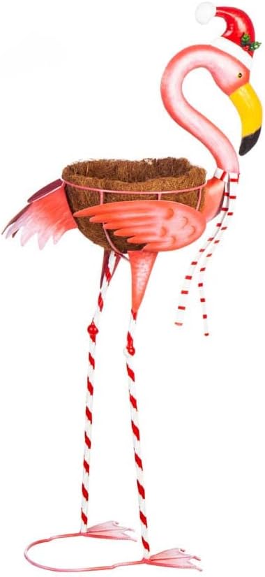 Evergreen Garden 39" H Metal Winter Flamingo Planter with Santa Hat