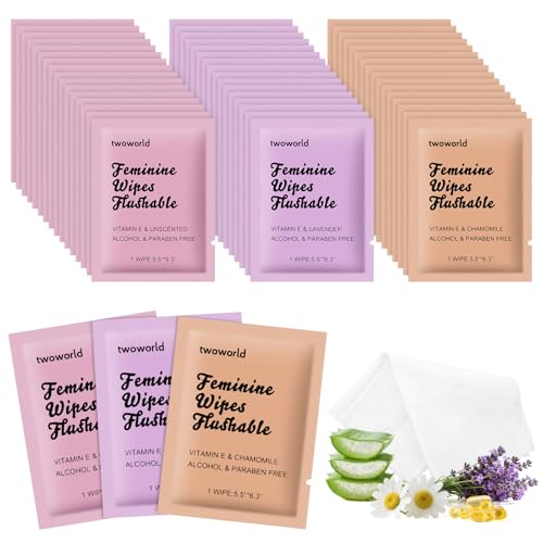 Feminine Wipes Individually Wrapped, Flushable Wipes Travel,Feminine Care Vaginal Wipes for Adult,Women, Girl and Homeless (Pack of 60,Unscented,Lavender and Chamomile)