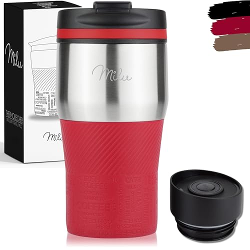 Milu Thermobecher Kaffee to go - 300ml - 100% Auslaufsicher – Isolierbecher, Kaffeebecher, Trinkbecher aus Edelstahl - Autobecher doppelwand Isolierung - Travel Mug (Rot)