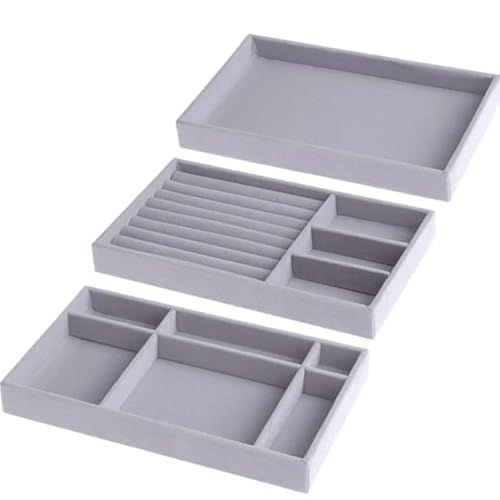 Kit 3 Bandejas Porta Joias Veludo Organizadora Bijuterias Cinza