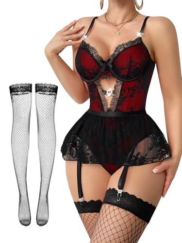 Lilosy Sexy Stocking Rhinestones Heart Garter Underwire Floral Mesh lace Sheer Babydoll Lingerie Teddy Bodysuit Skirt Set Women 2 3 Piece Push Up See Through Spire Black Red Small