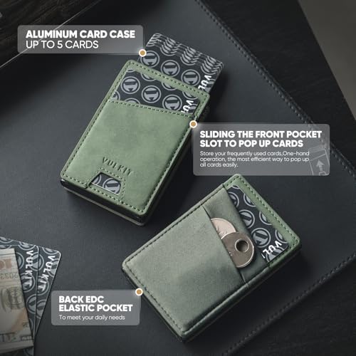 VULKIT Credit Card Holder with Money Pocket Pop up Wallet Metal Card Case RFID Blocking for Airtag, Coins and Cash Green4