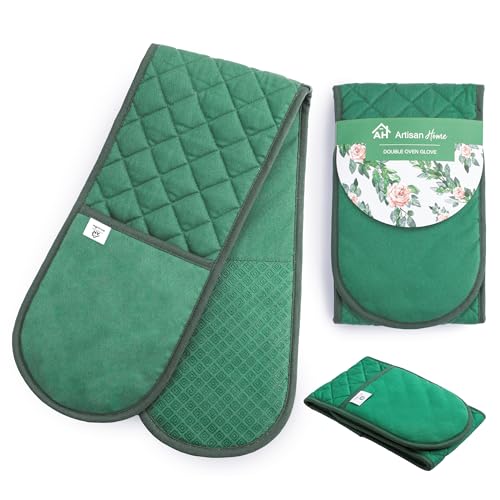 Green Double Oven Gloves Heat Resistant Silicone Oven Mitts Pair | Non-Slip Silicone Oven Gloves Double Oven Mitt | Machine Washable Thick Potholders Home & Kitchen Accessories.