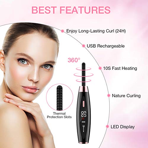 Heated Eyelash Curler, EIVOTOR 【2020 NEWEST】 Electric Eyelash Curler USB Rechargeable Eyelash Brush with LED Display 3 Temperature Gears Quick Heating, Natural and Lasting
