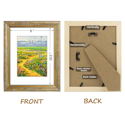 Image of Golden State Art,8.5x11 Ornate Picture Frame Holds 6x8 Photo,Vintage Gold | Includes plexiglass front,white mat,easel stand,build-in hangers and buttons.Displays 6x8 photo on wall or tabletop