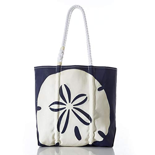 Sea Bags Recycled Sail Cloth White on Navy Sand Dollar Medium Tote Travel Tote Bag, Carry On Bag, Tote Bag for Work Rope Handles
