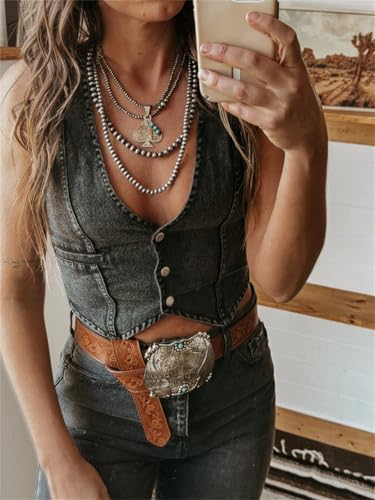 Mylleure Women Y2K Button Down Denim Vest Vintage Sleeveless V Neck Jean Corset Crop Tank Top Sexy Fitted Cowgirl Streetwear2