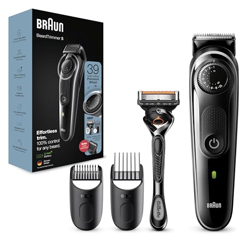 Braun Recortadora de Barba Series 5, Máquina Cortar Pelo, Cortapelos Hombre para Cara y Pelo con Láminas Afiladas de Larga Duración y Maquinilla Gillette, 39 Ajustes de Longitud, BT5342, Negro/Gris