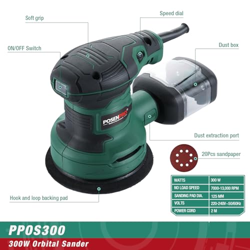 POSENPRO 300W Random Orbital Sander with 20Pcs 125mm Sandpapers, 7000-13000RPM 6 Variable Speed Sander Machine, High Performance Dust Collection System for Woodworking, Dust Collection Box Include 2 POSENPRO 300W Random Orbital Sander with 20Pcs 125mm Sandpapers, 7000-13000RPM 6 Variable Speed Sander Machine, High Performance Dust Collection System for Woodworking, Dust Collection Box Include - Image 2