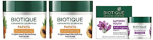 Image of Biotique Bio Papaya Revitalizing Tan- Removal Scrub, 75g (Pack of 2) & Biotique Saffron Youth Anti-Ageing Cream Reduces fine lines Lightens dark Spots, 50g