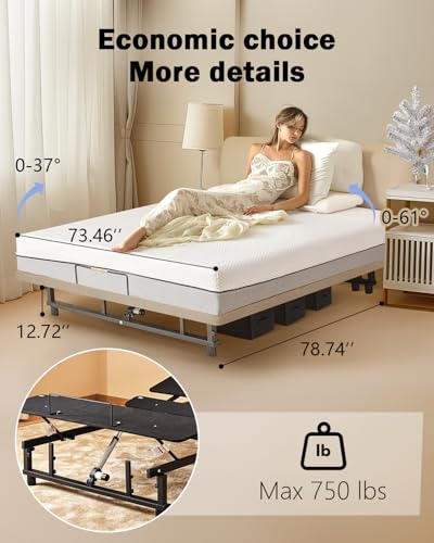 King Size Adjustable Bed Frame with Quiet Motor - Head & Foot Incline, Zero Gravity, Wireless Remote Control, Easy Installation (79" L x 74" W x 12.72" H)