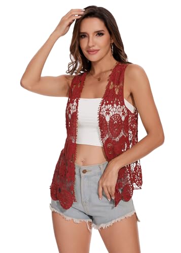 Image of Anna-Kaci Lace Front Open Sleeveless Top Cardigan Crochet Vest Cover up Summer Beachwear
