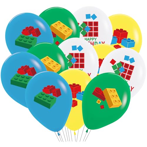Ovanda 16 balões de aniversário de blocos de construção, balões de hélio de 12 polegadas, blocos de construção, conjunto de decoração para festas, acessórios para festas, balões de látex, para