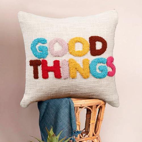 Image of HOMADORN 100% Cotton Hand Tufted Cushion Cover | Text Pattern Decorative Pillow Case | Boho Sofa Cushion Cover for Living Room | Soft & Durable | (16x16 Inches) (1, Good Things Multicolor)