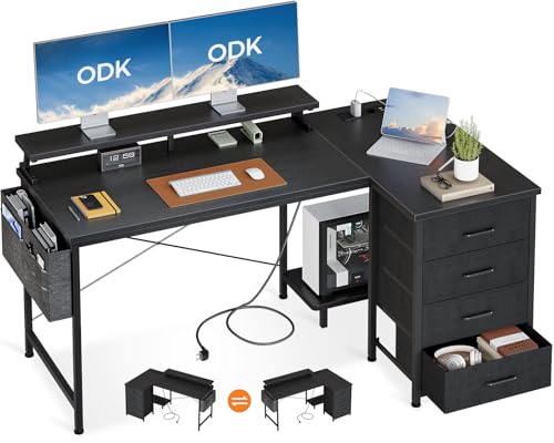 ODK Schreibtisch L Form mit Schubladen, 140x80cm Eckschreibtisch Reversibler mit USB-Ladeanschluss...
