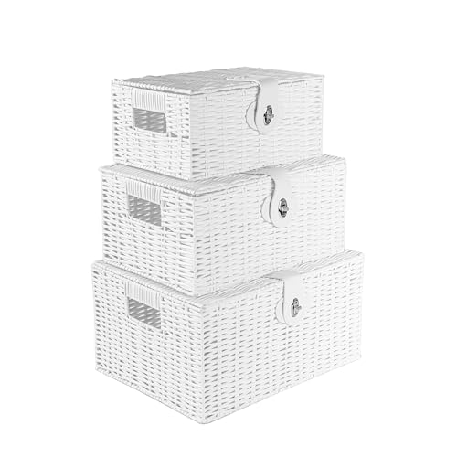 Innoteck Wicker Storage Basket Set with Lids - Handwoven Decorative Storage Boxes with Handles Large Medium & Small - Ideal for Home Bathroom Kitchen & Office Organisation (White)
