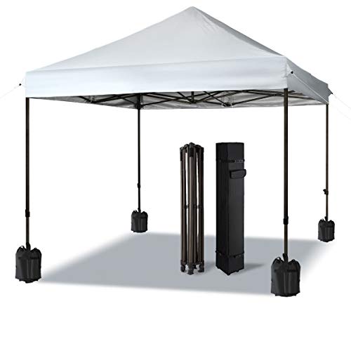 COMOOO Pop Up Tent Canopy 10x10 Outdoor Party Backyard Beach Tent Portable Camping Instant Canopy with Wheeled Carry Bag, 4 Canopy Sand Bags,and Tent Stakes, White