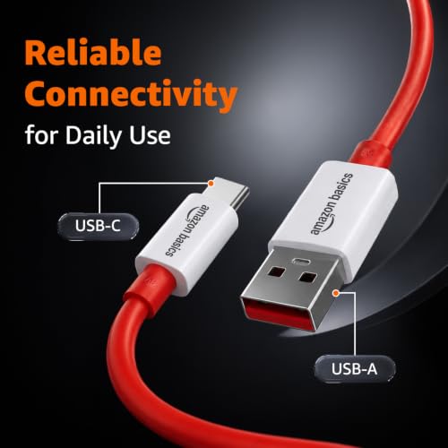 Image of amazon basics 80W USB-A to USB-C Fast Charging Cable, 1M Length, Up to 480 Mbps Data Transfer Speed, Built-in Emark Smart Chip, Compatible with Oneplus and other devices (Red)
